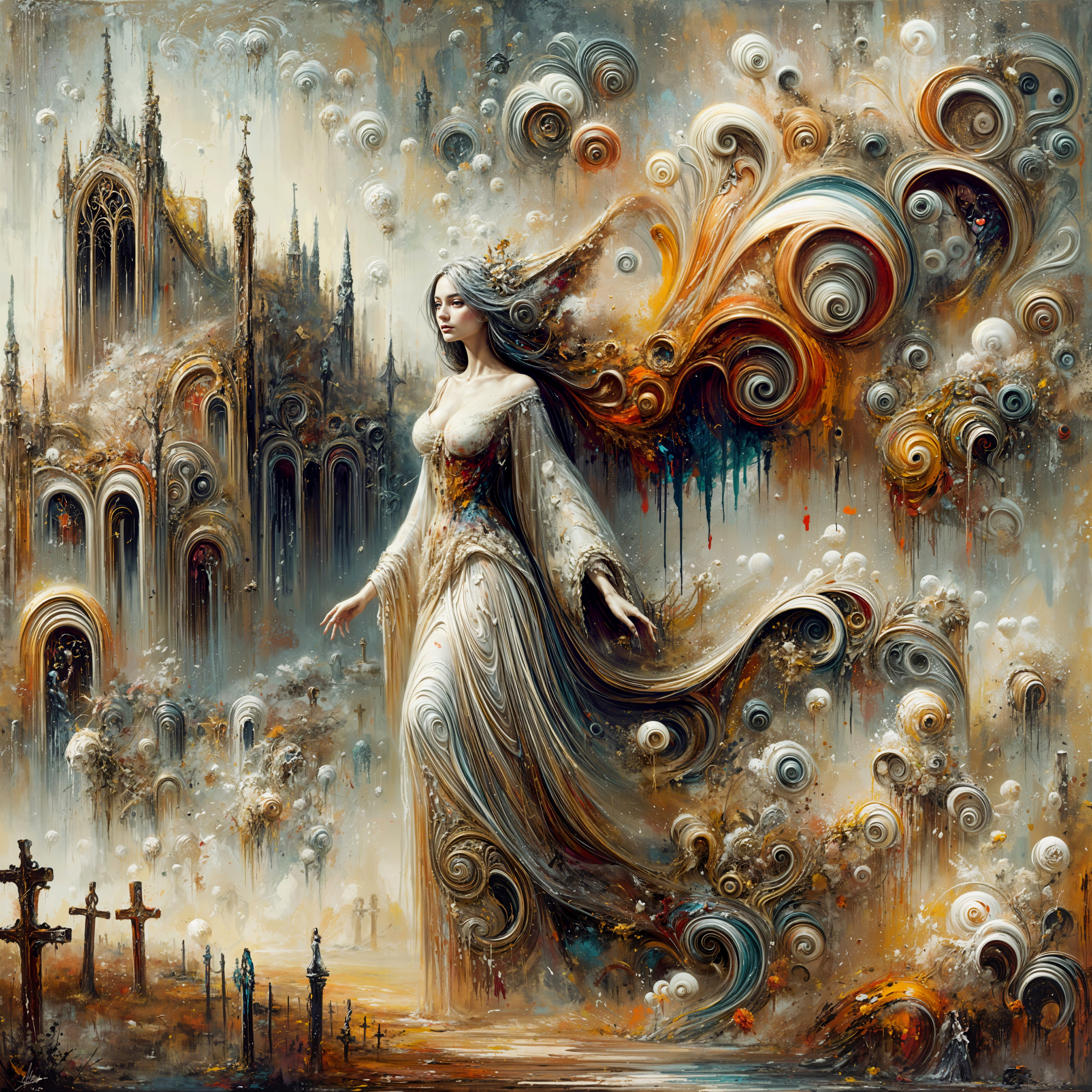 Mystical Figure in Dreamlike Landscape with Gothic Structure