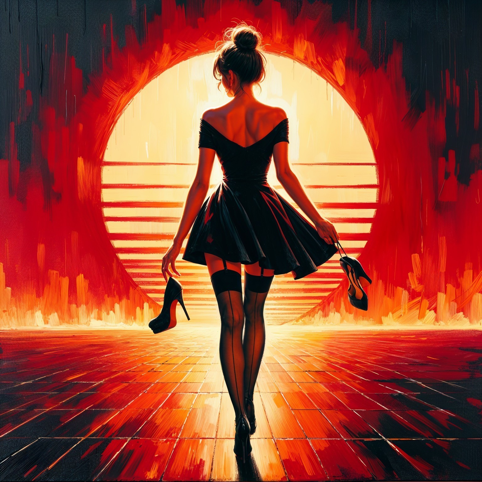 Silhouette of Woman in Dress Against Vibrant Sunset