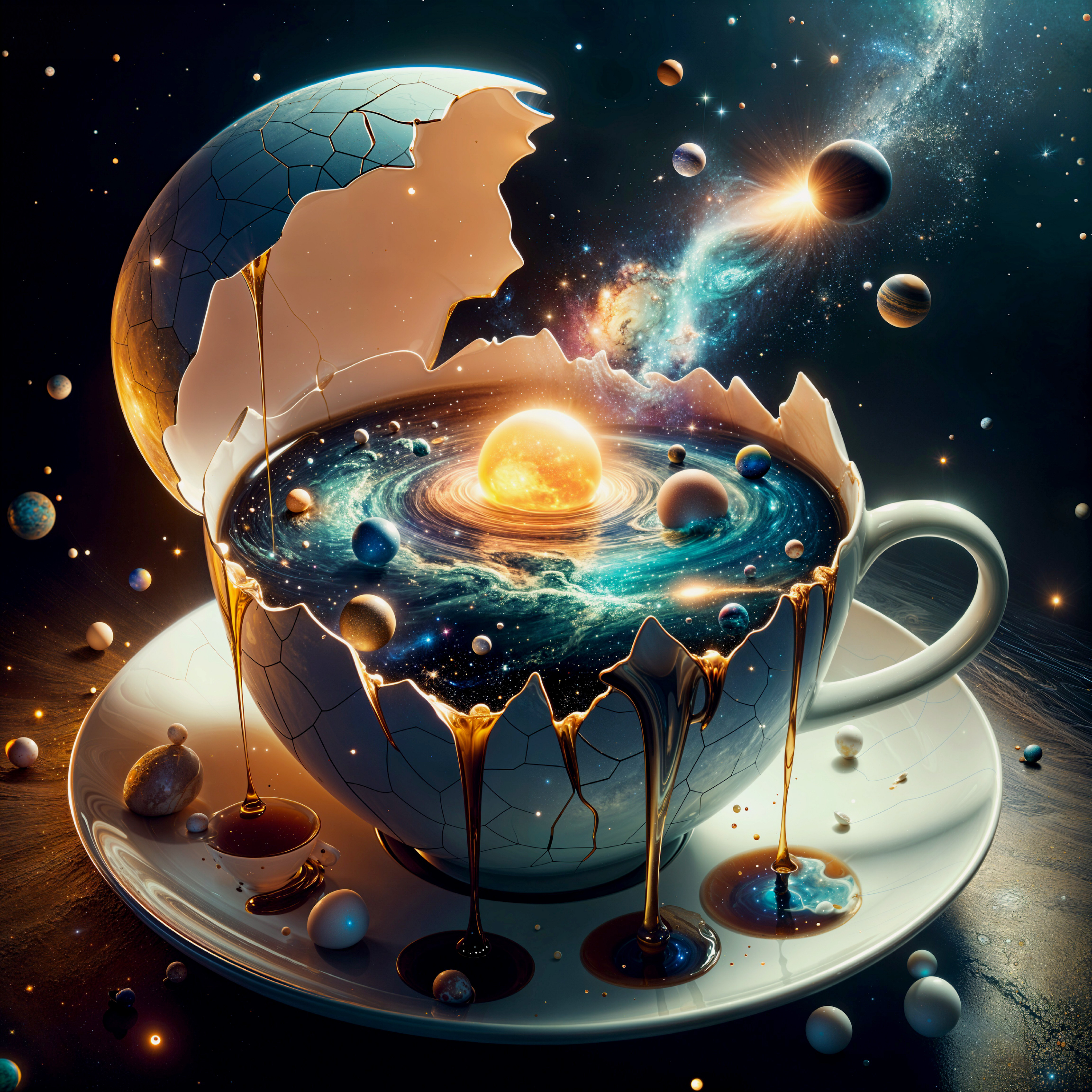 Surreal Scene of Galaxy in Teacup from Cracked Eggshell
