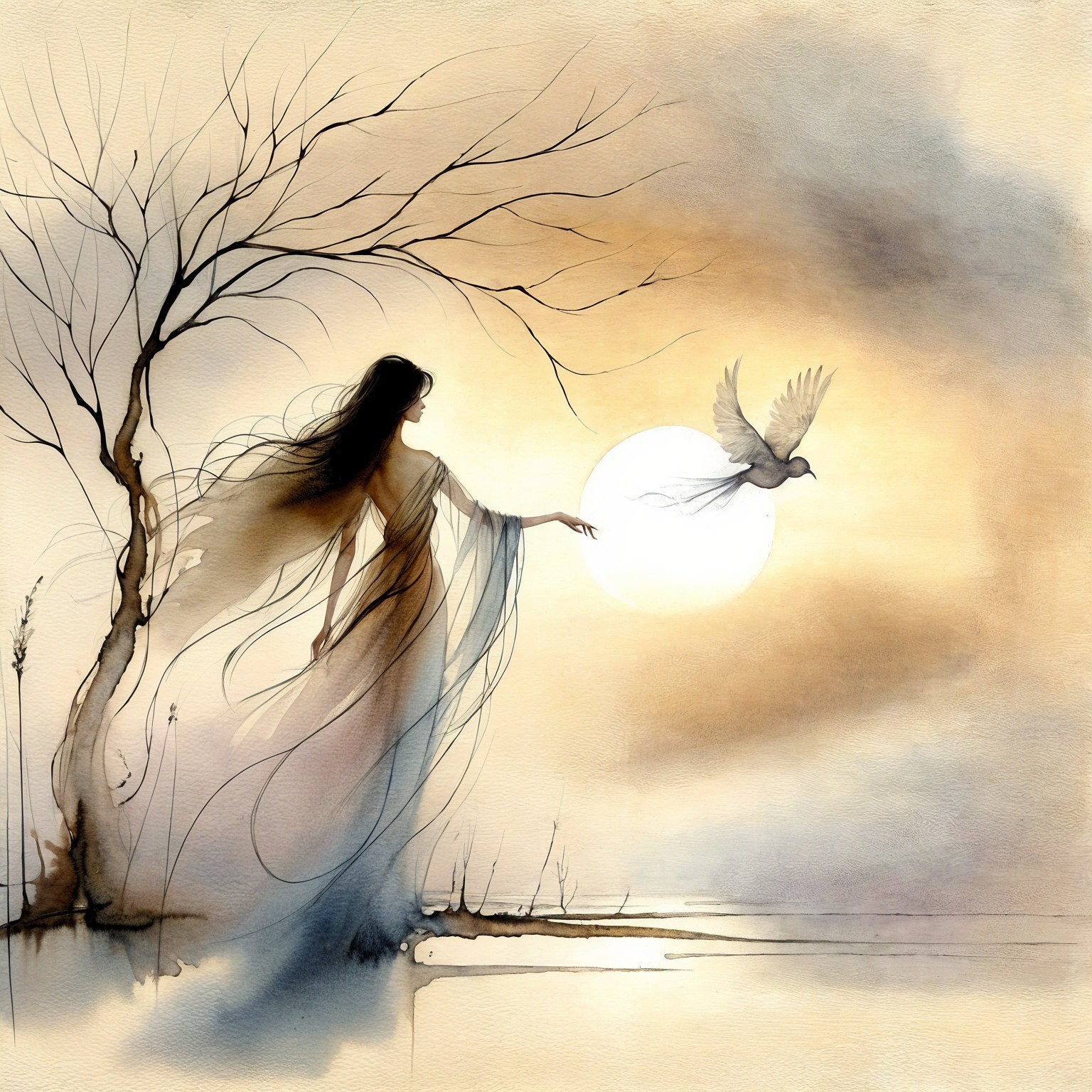 Watercolor Illustration of Ethereal Figure and Sun
