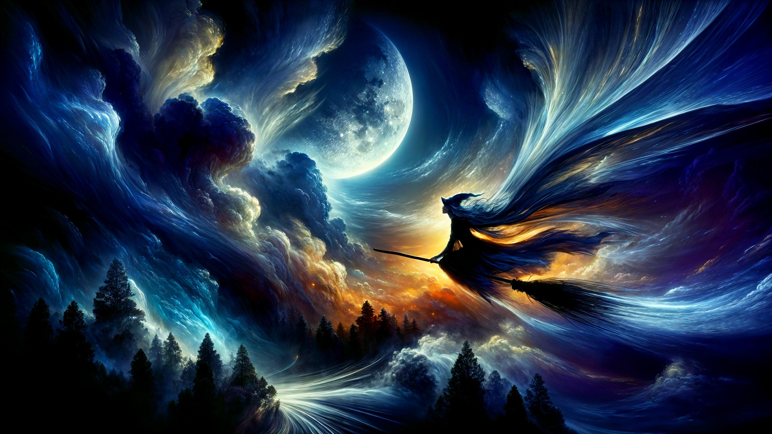 Witch Silhouette Flying Over a Colorful Sky Scene