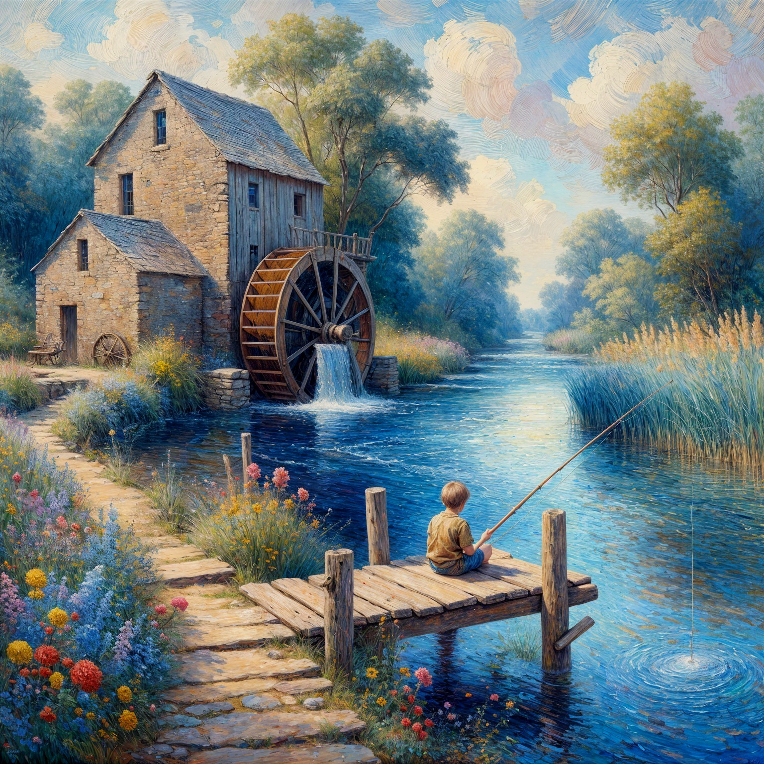 Serene riverside scene with rustic watermill and boy fishing