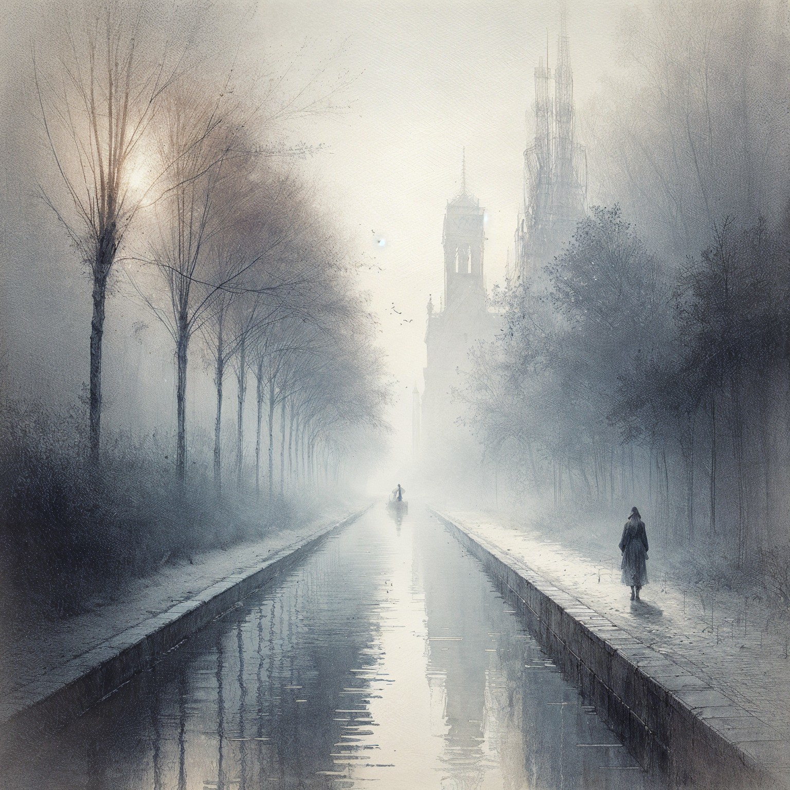 Serene Misty Canal Landscape with Silhouetted Trees
