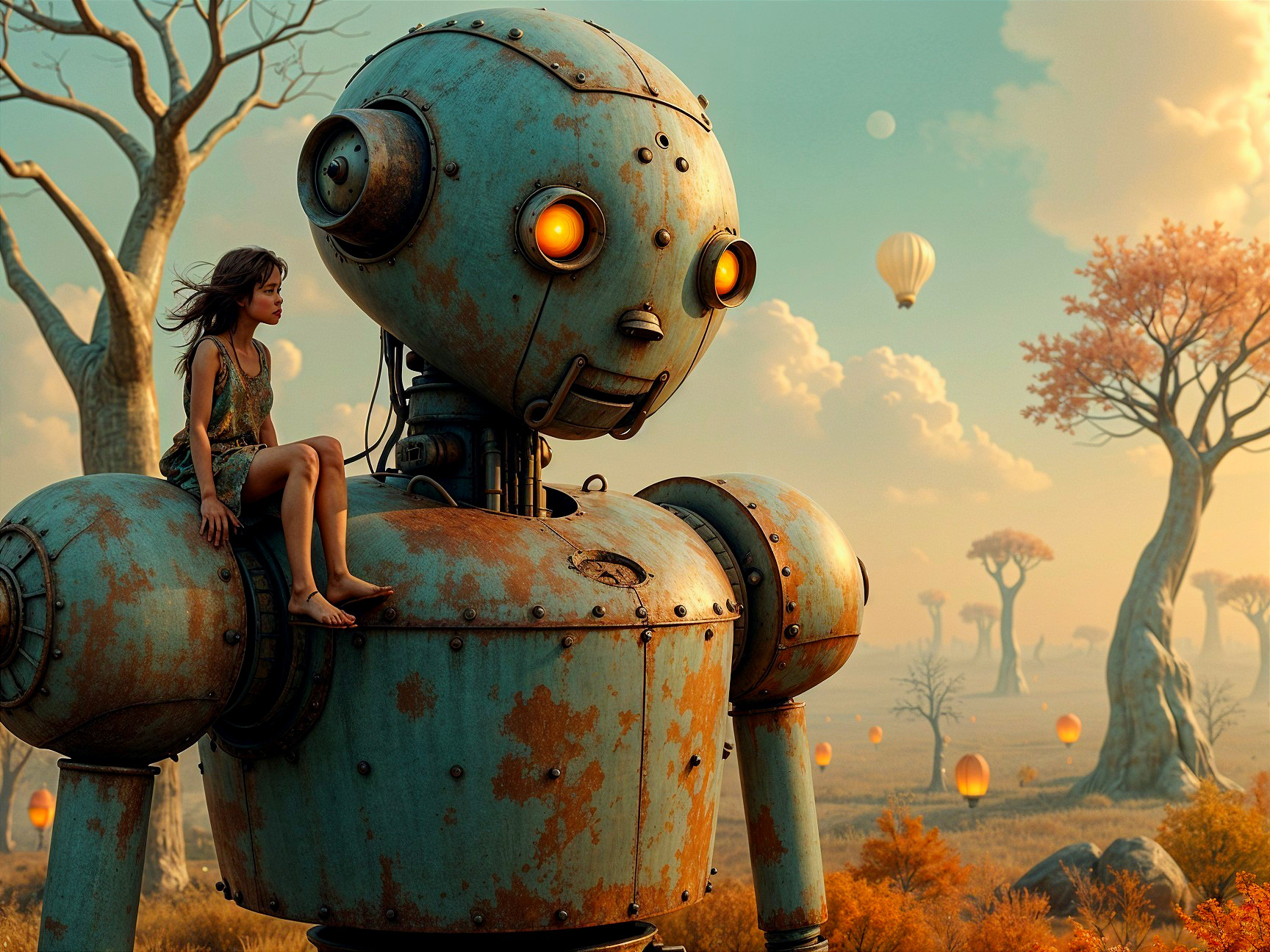 Whimsical Landscape with Robot and Girl in Dreamlike Scene
