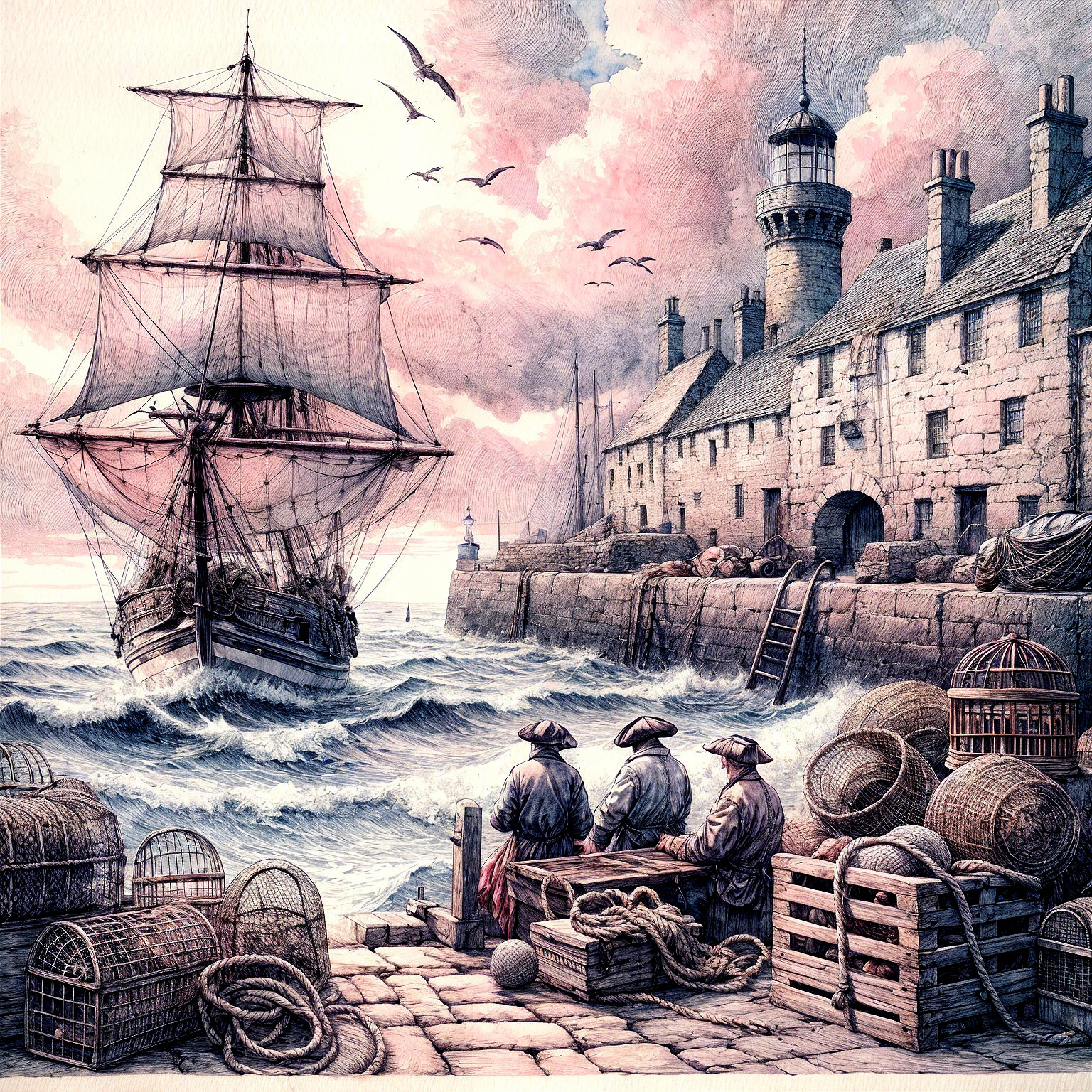 Coastal Harbor Scene with Sailing Ship and Fishermen
