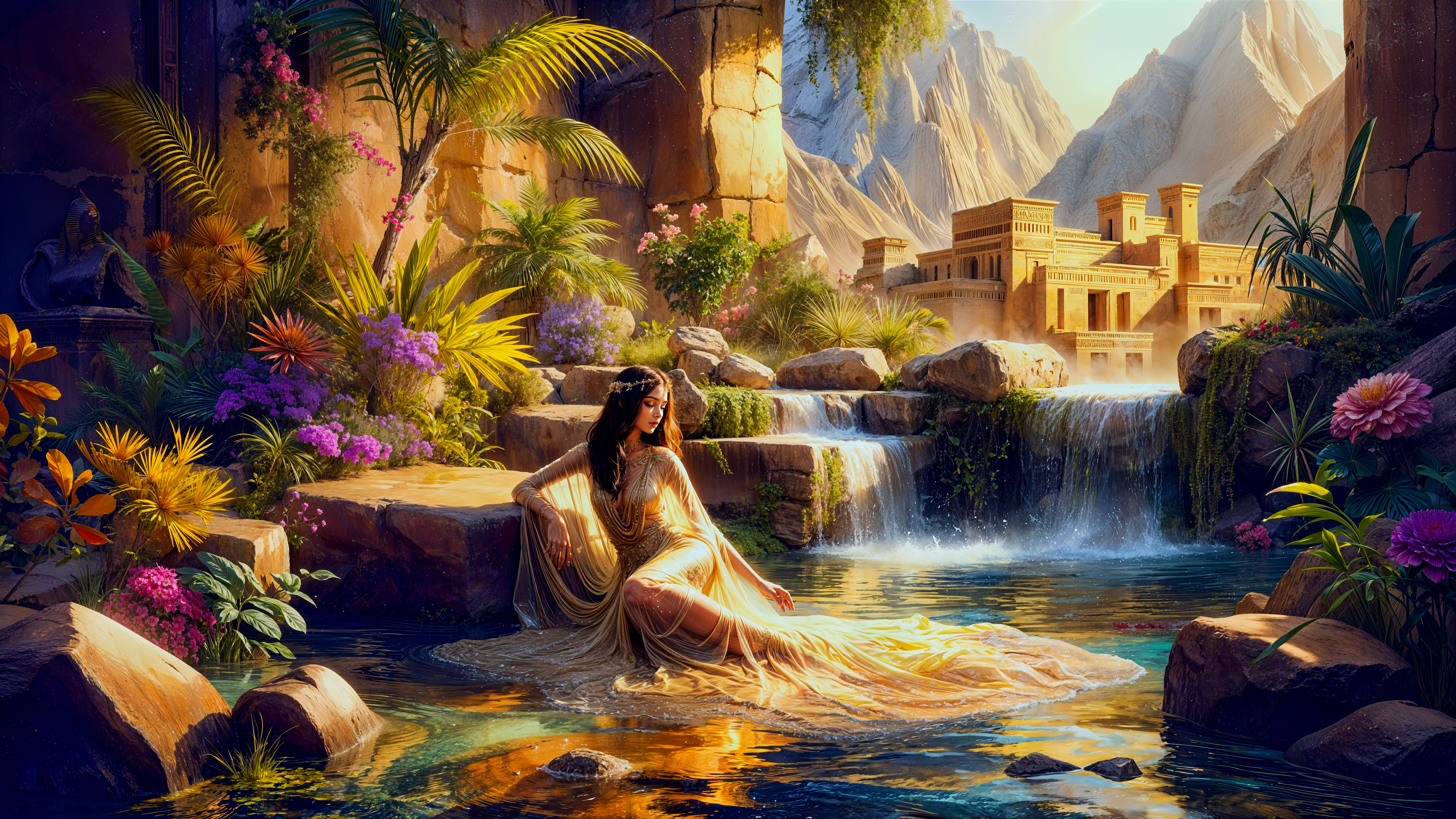 Serene Woman in Elegant Gown by Vibrant Oasis Pool