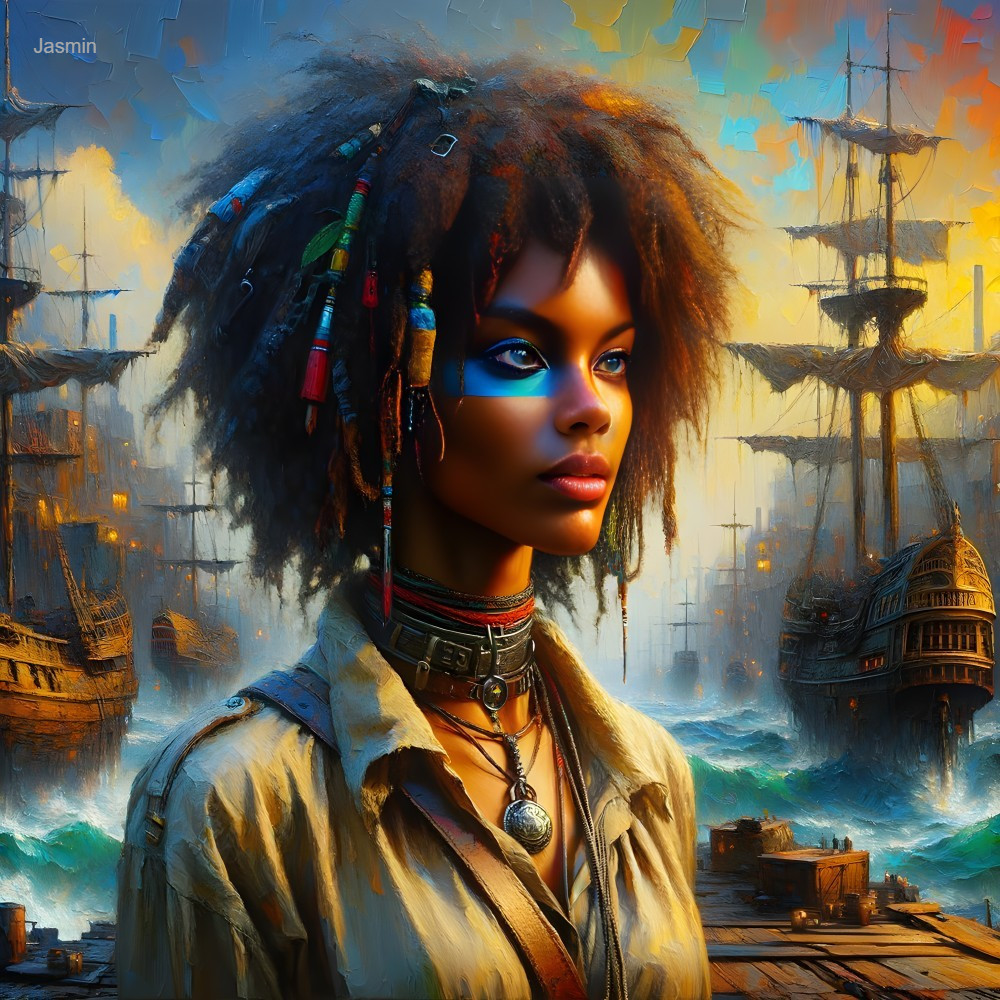 Portrait of a Woman with Curly Hair and Tall Ships