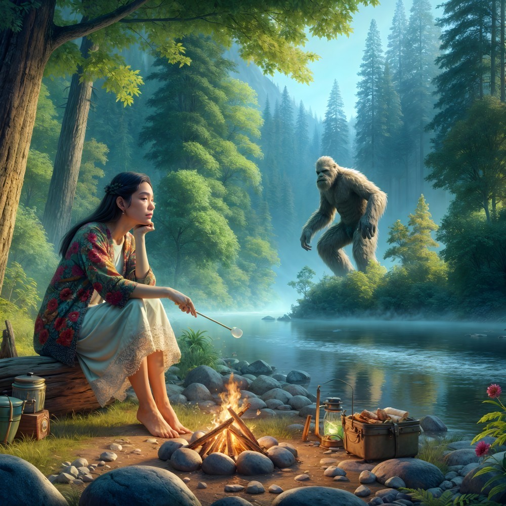 Young Woman by Campfire with Sasquatch in Forest