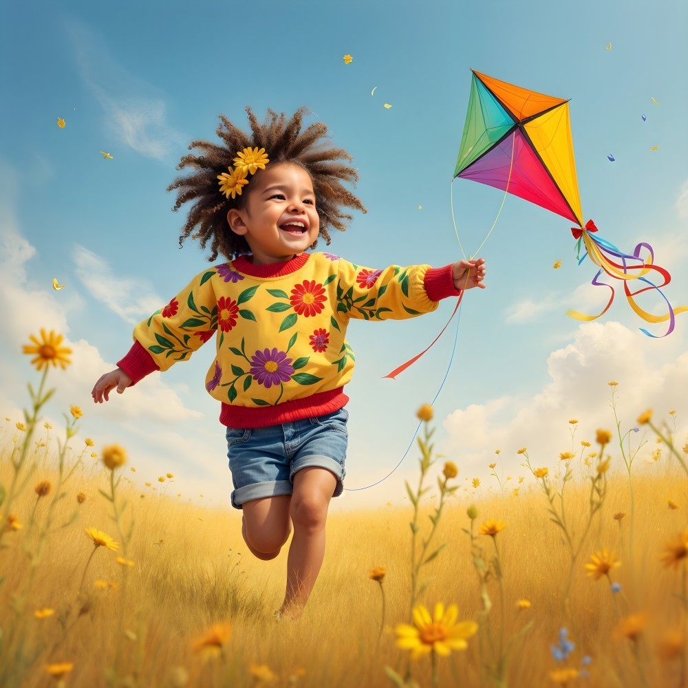 Child with curly hair in vibrant flower field