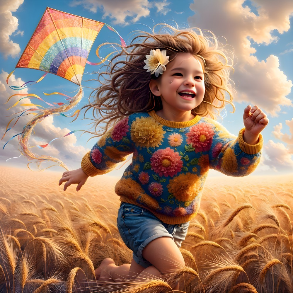 Girl with curly hair running in a wheat field with kite