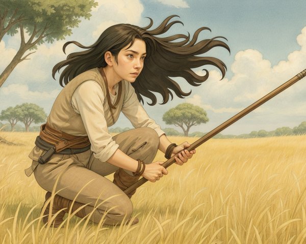 Young girl with spear in golden grassland setting