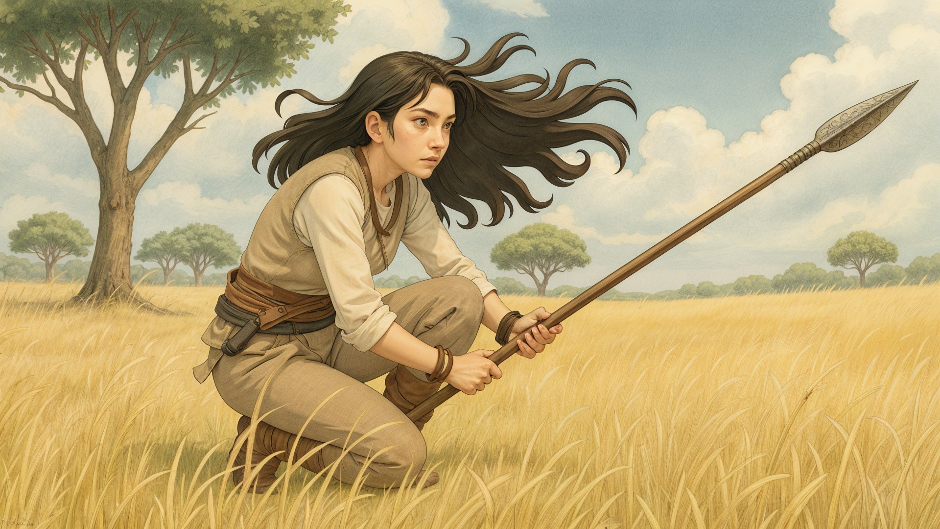 Young girl with spear in golden grassland setting