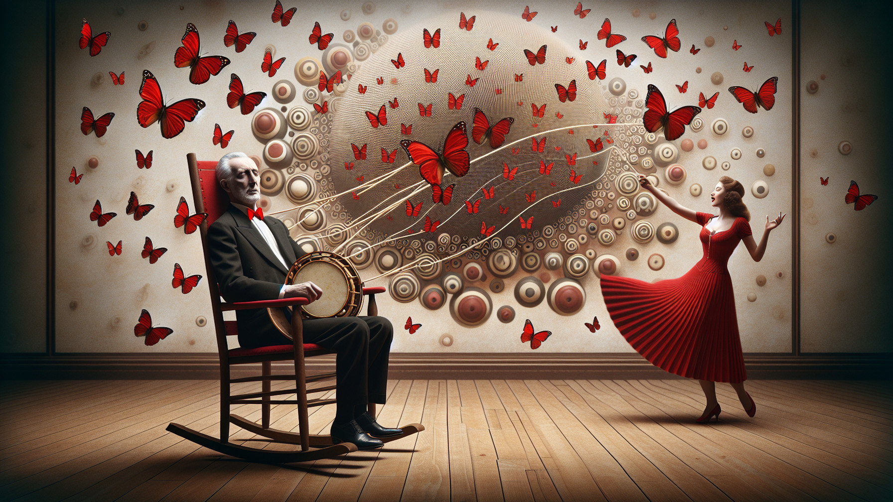 Whimsical Scene of Dancing and Music with Butterflies