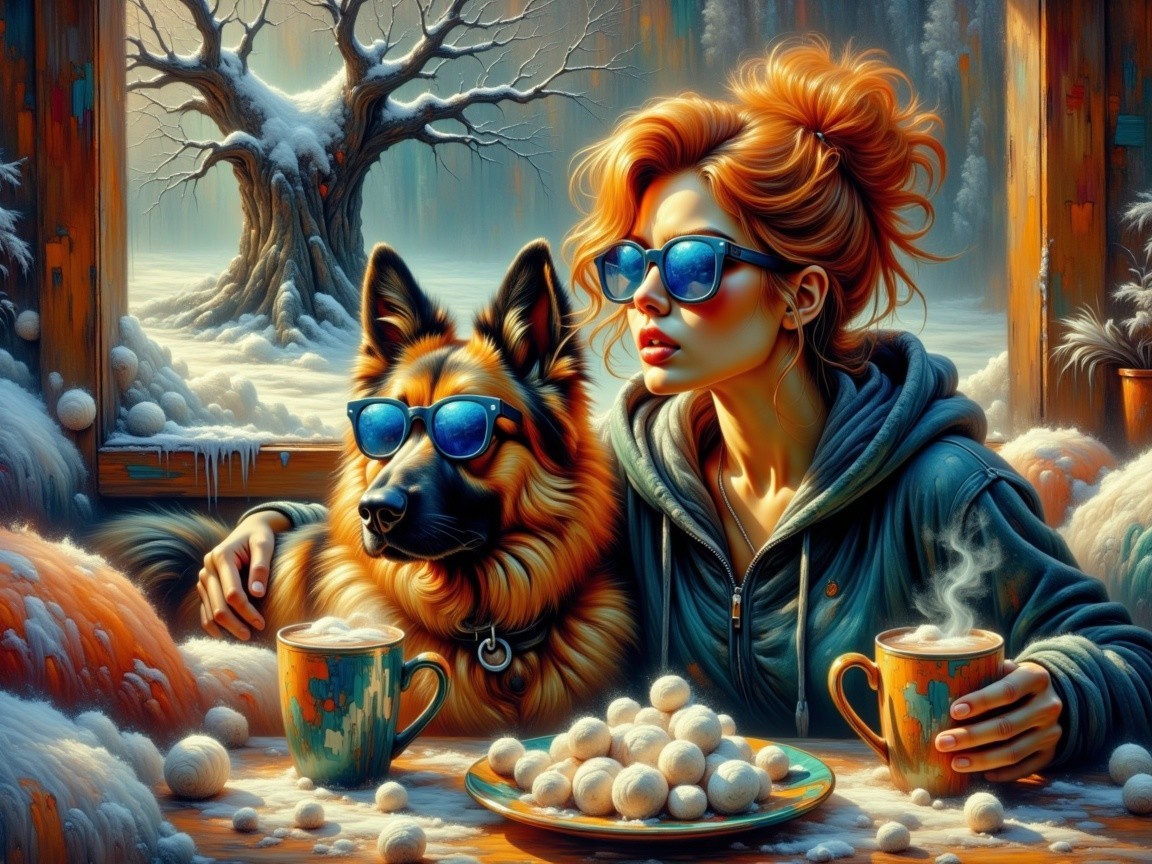 Winter Scene with Red-Haired Woman and Dog