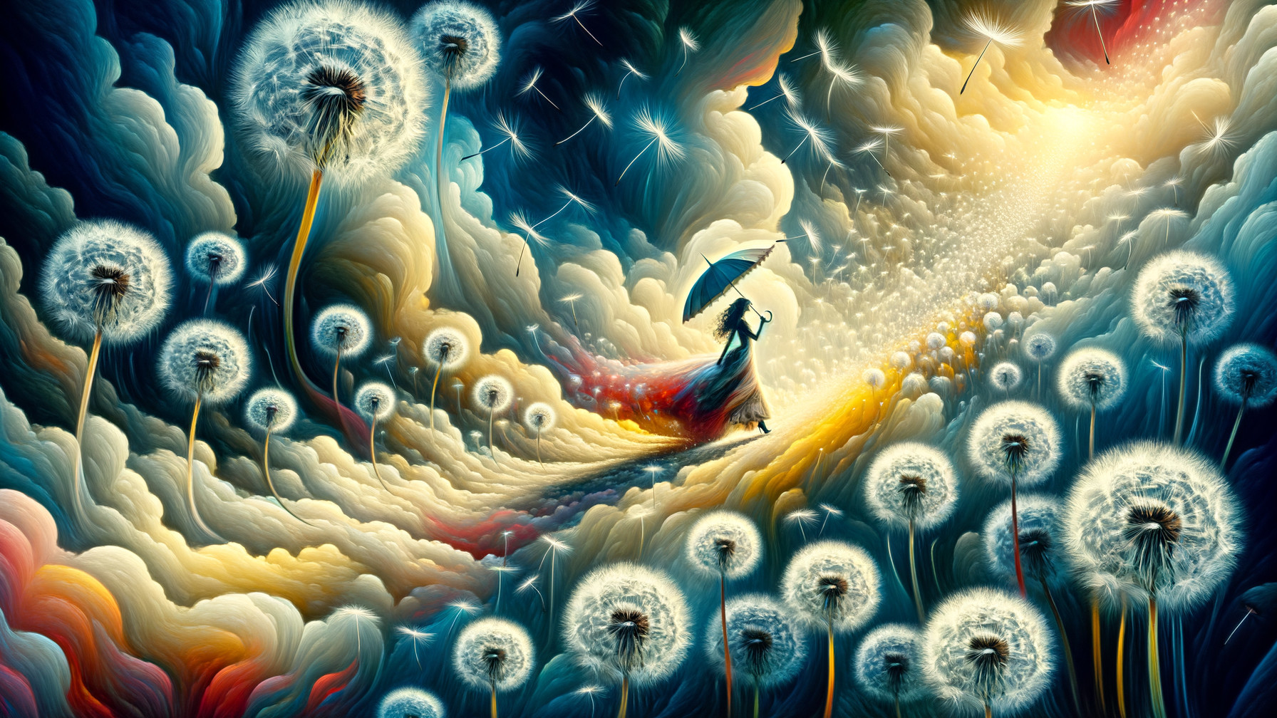 Whimsical figure with umbrella in surreal landscape
