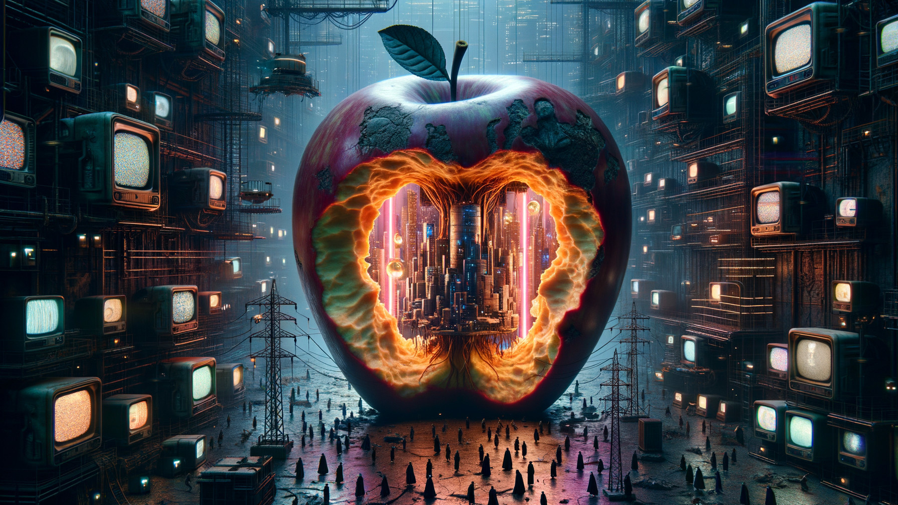 Surreal Digital Landscape with Giant Hollow Apple