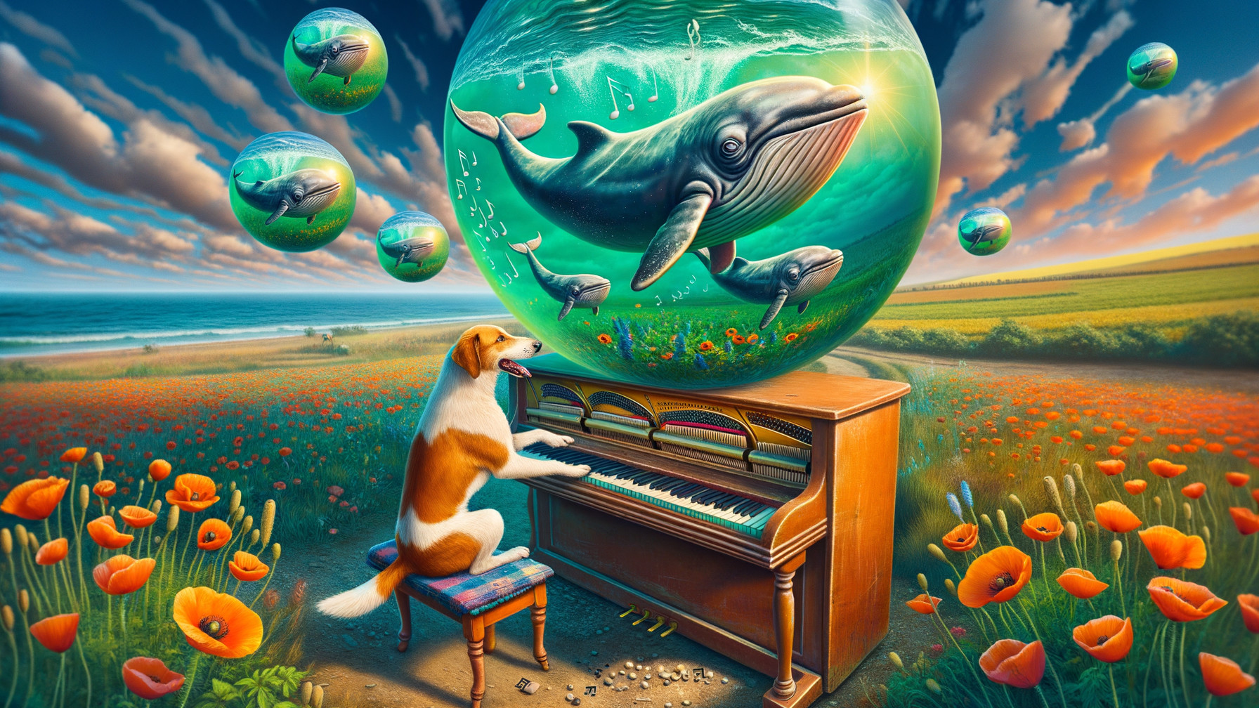 Dog Playing Piano in Poppy Field with Bubbles