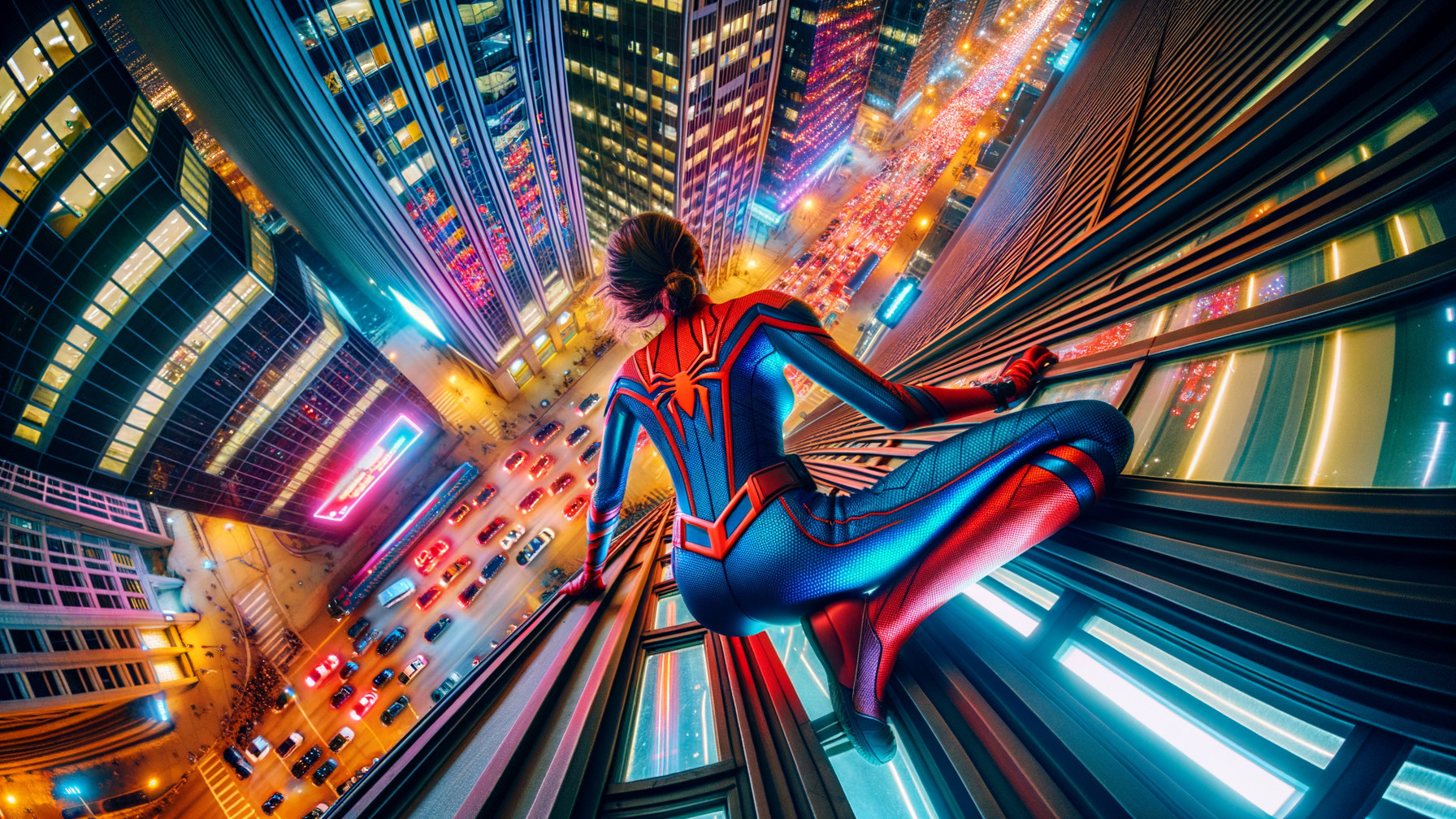 Heroic figure in Spider-Man suit on skyscraper edge