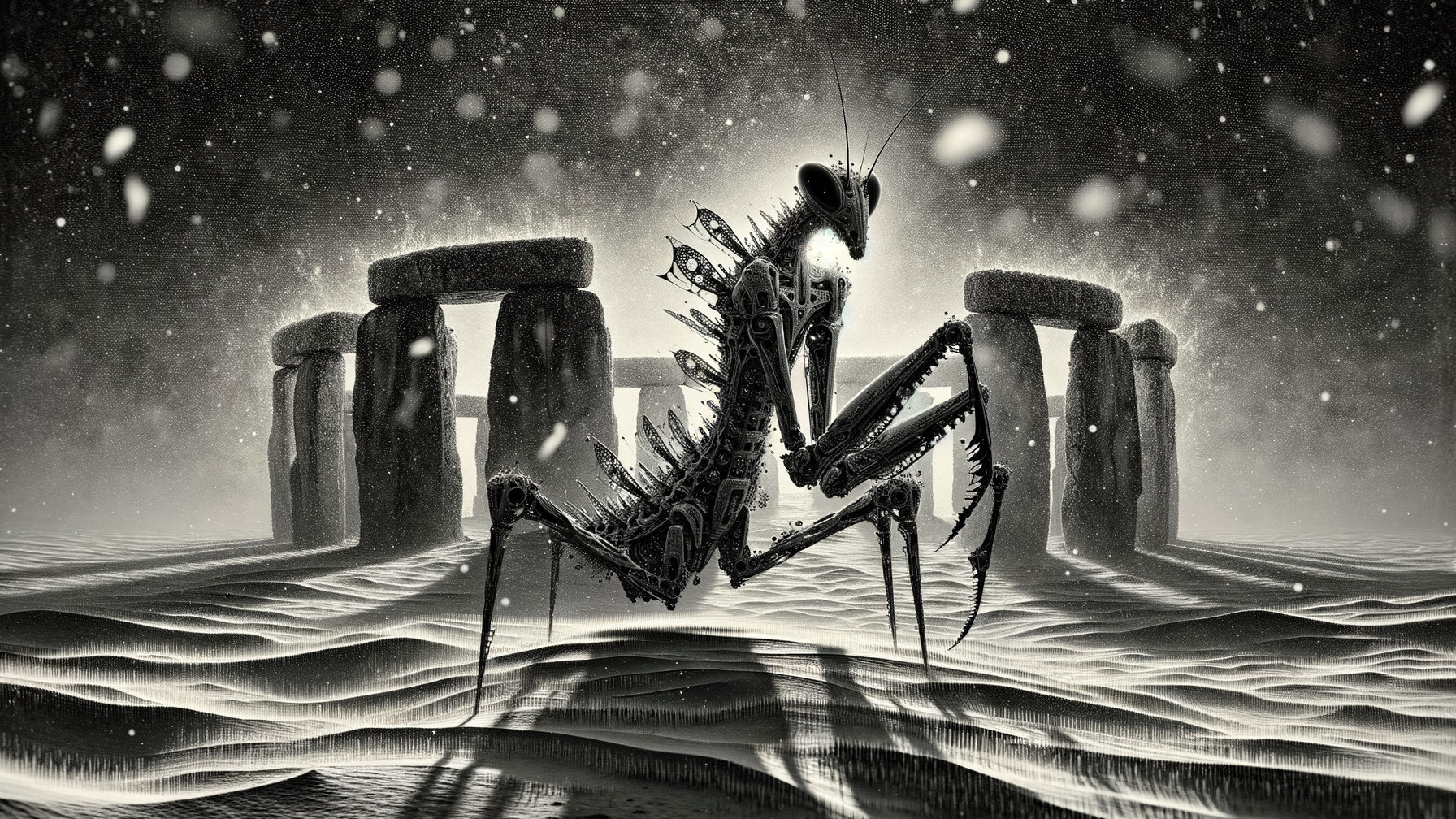 Surreal Scene of Mechanical Mantis and Stonehenge