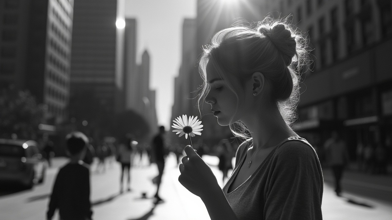 Young Woman with Daisy in Urban Setting