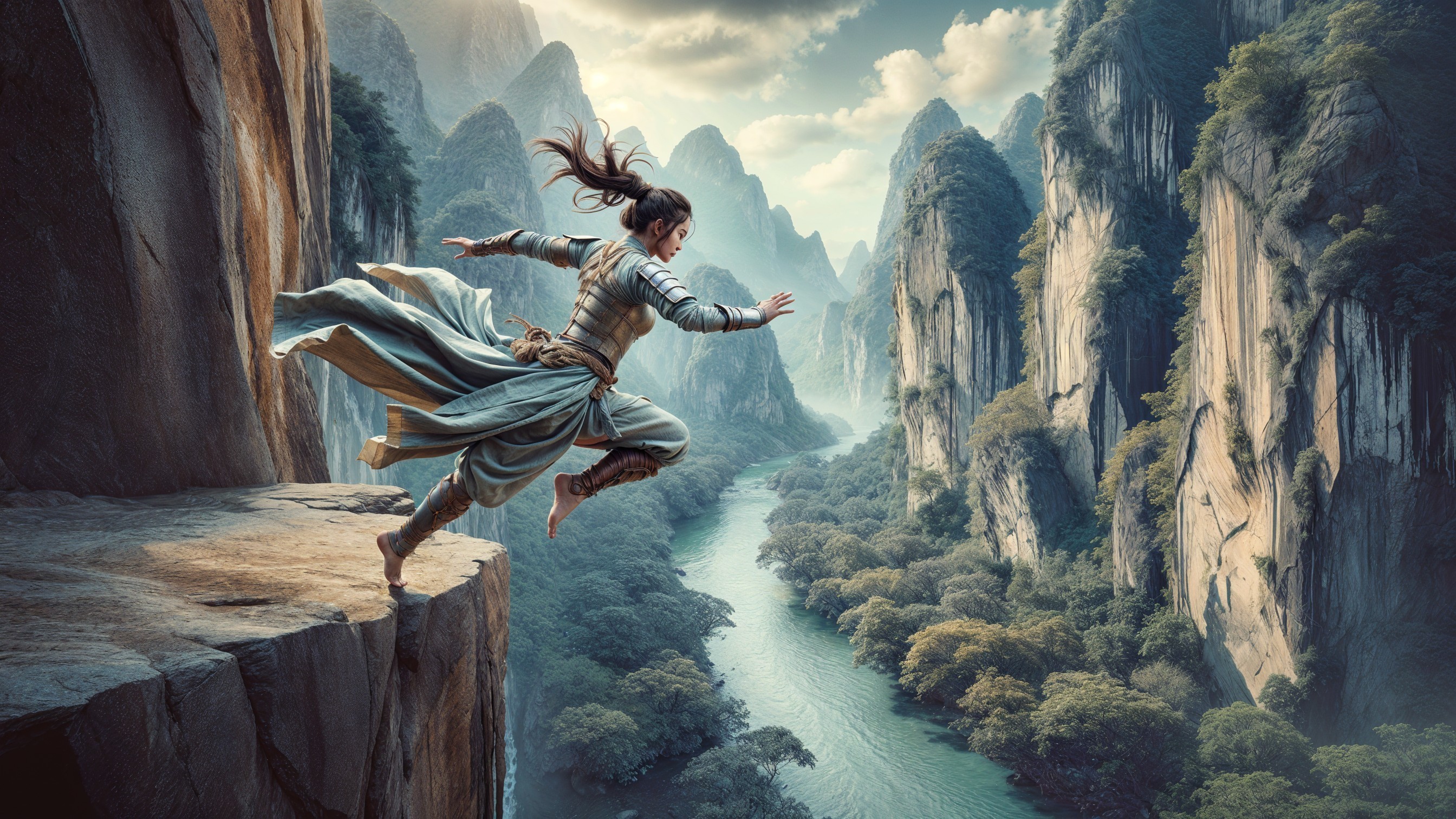Fearless Leap Against Majestic Mountain Landscape