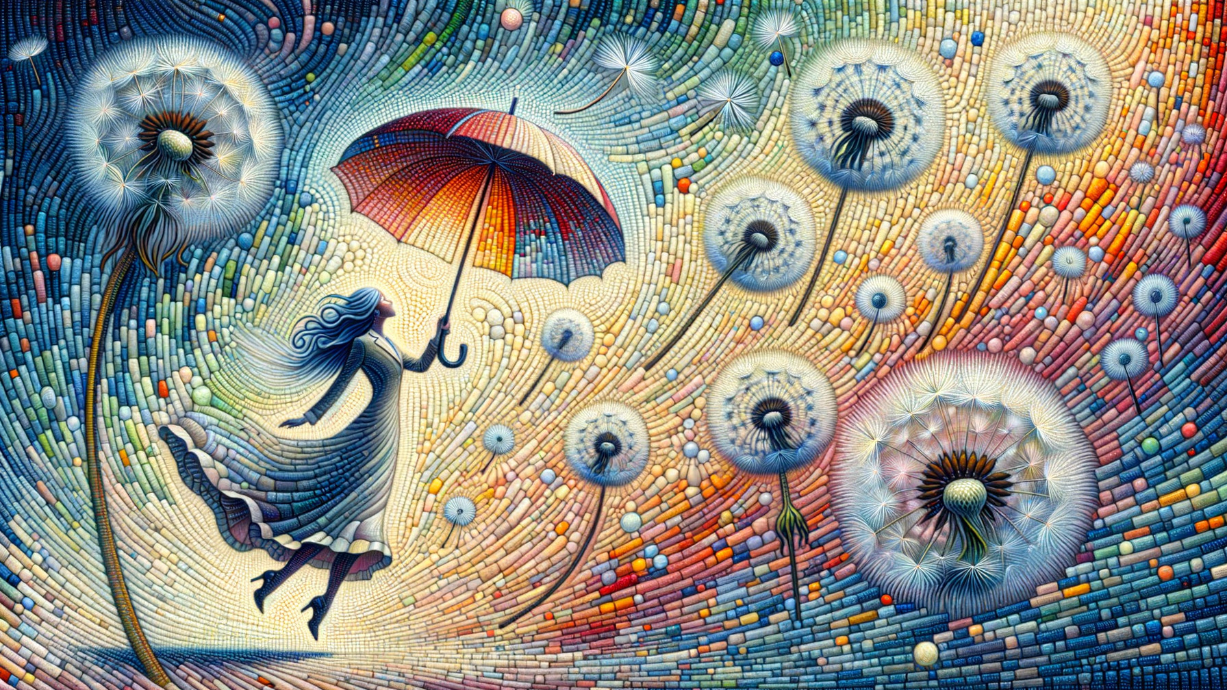 Whimsical Dance Among Oversized Dandelions and Colors