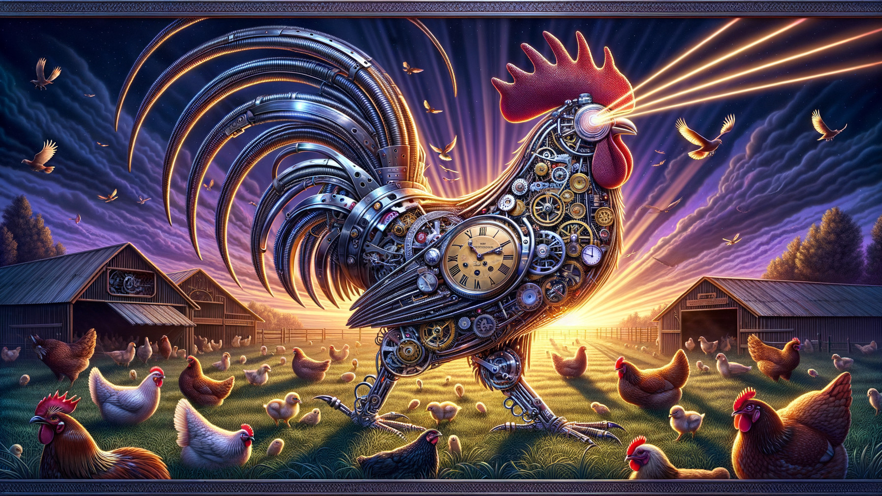 Mechanical Rooster at Sunrise with Hens on Farm