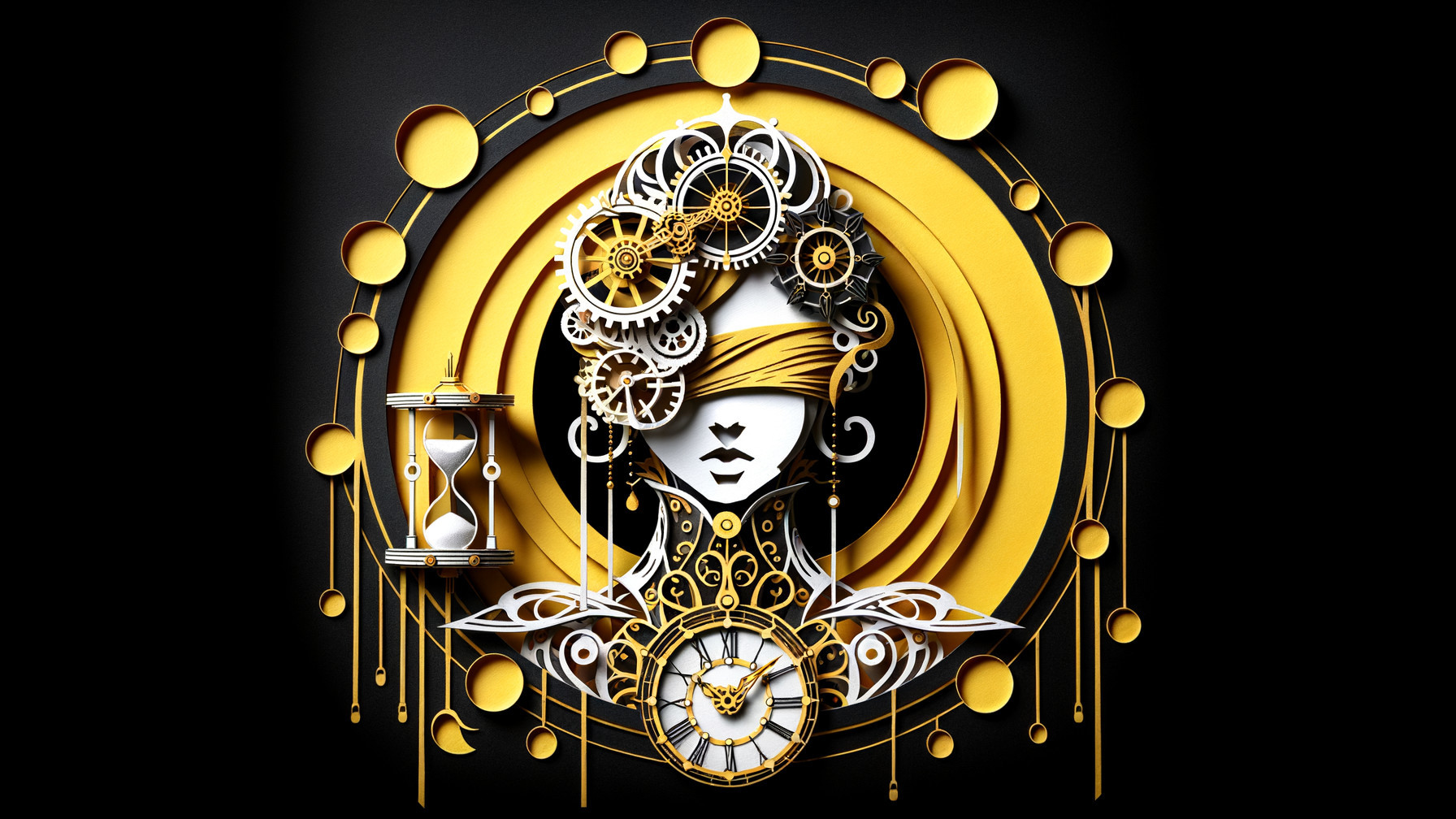 Stylized Female Figure with Gears and Clocks