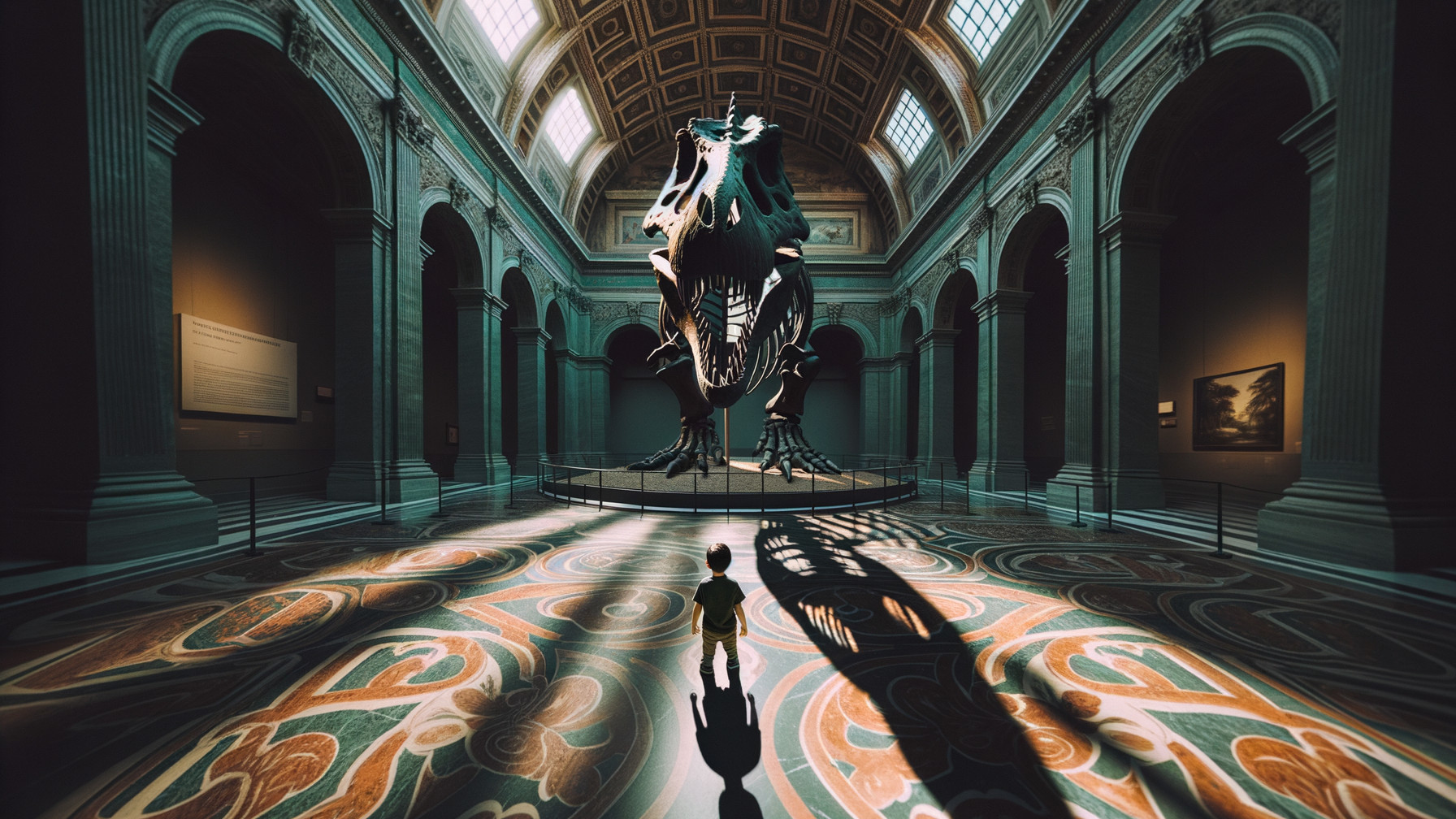 Child in museum hall admiring dinosaur skeleton