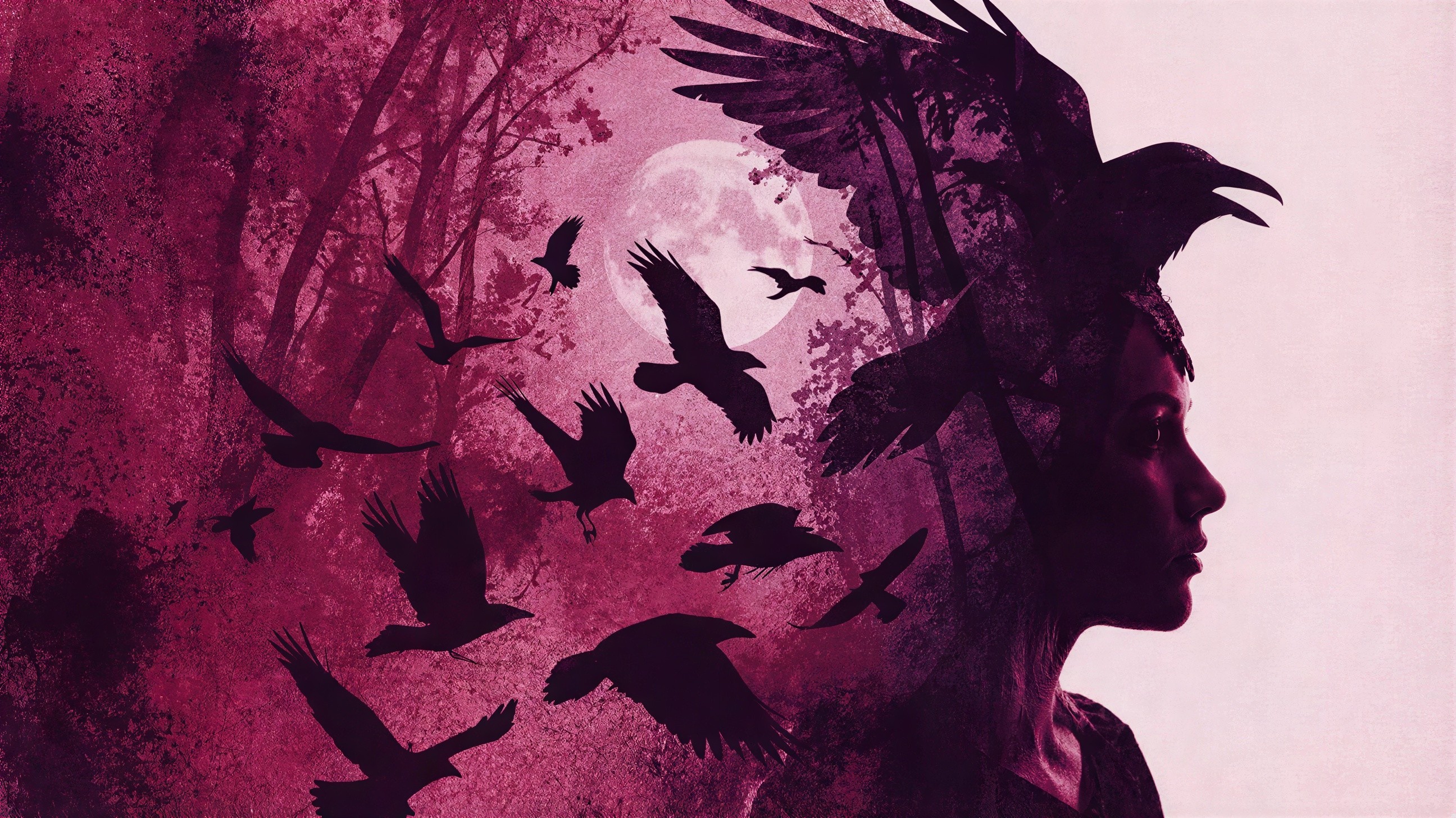 Double Exposure Portrait of Woman with Ravens and Moon