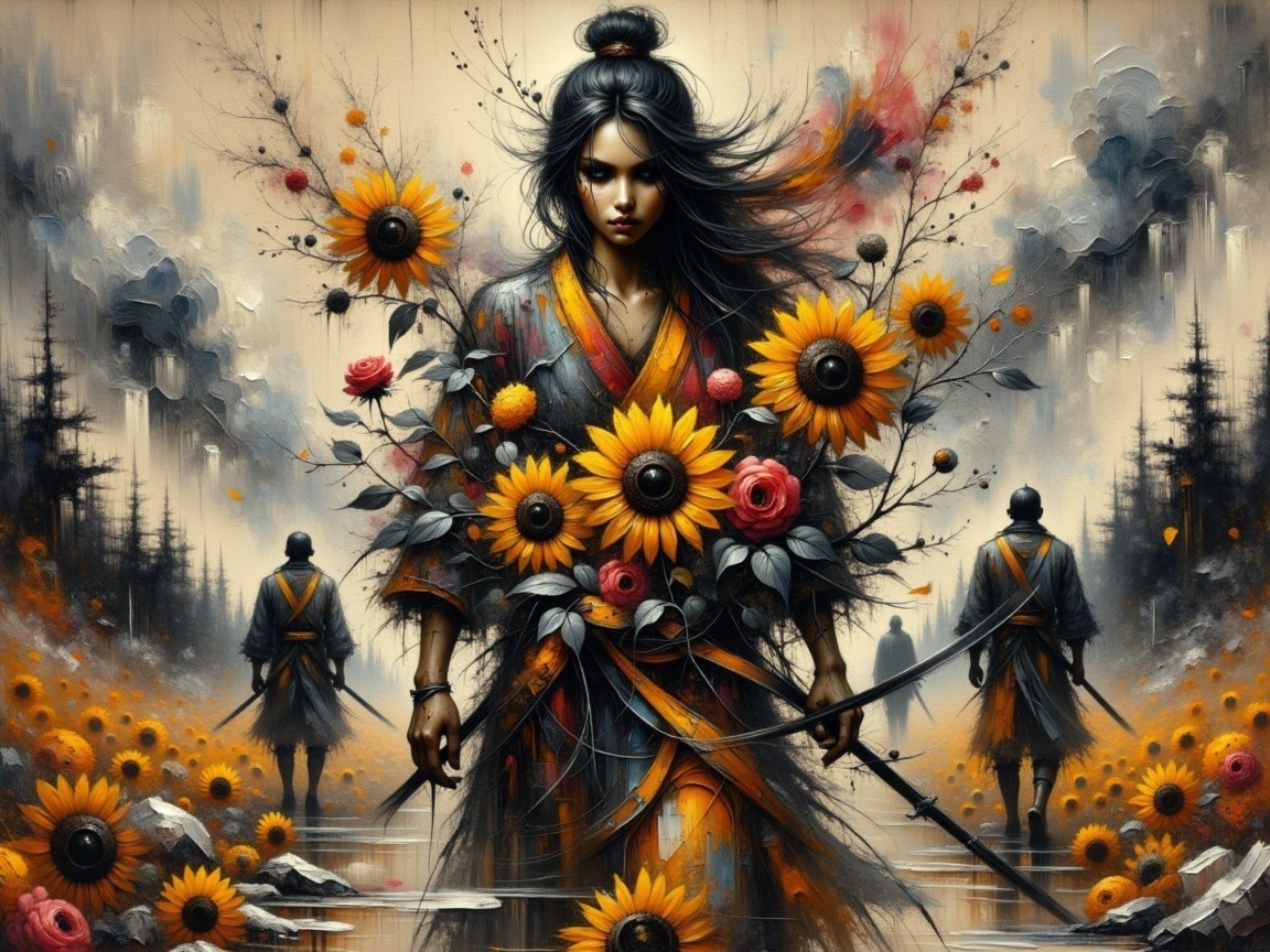 Fierce warrior in kimono with floral design and shadows