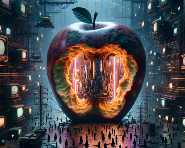 Surreal Digital Landscape with Giant Hollow Apple