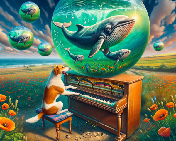 Dog Playing Piano in Poppy Field with Bubbles