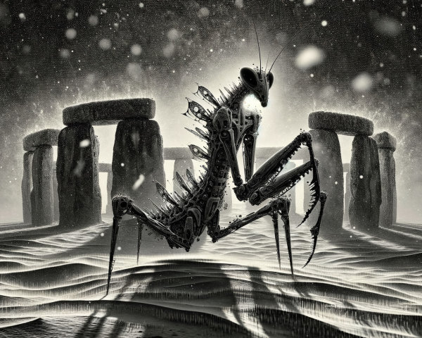 Surreal Scene of Mechanical Mantis and Stonehenge