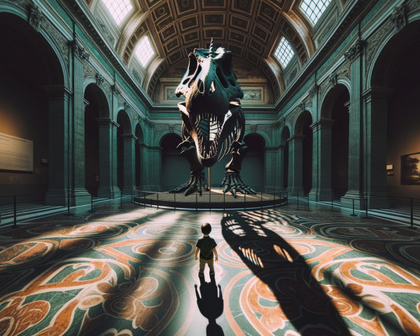 Child in museum hall admiring dinosaur skeleton