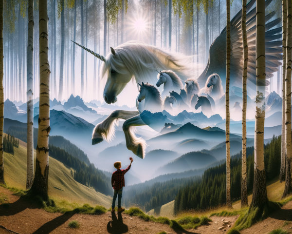 Young boy in forest with unicorns and hills backdrop