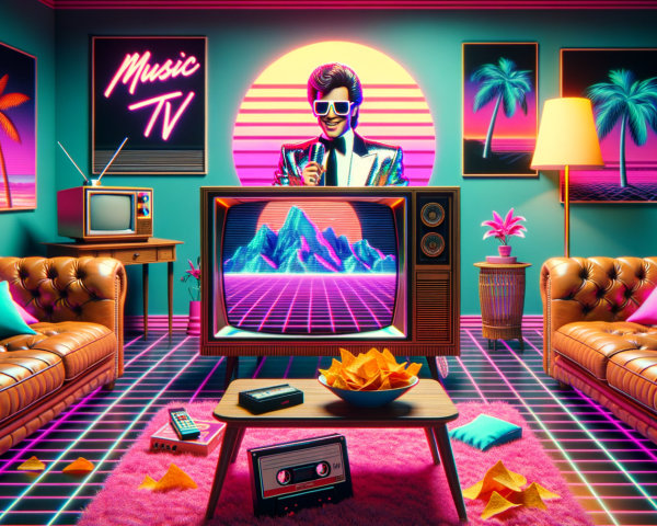 Vibrant Retro Living Room with Neon Aesthetic Elements