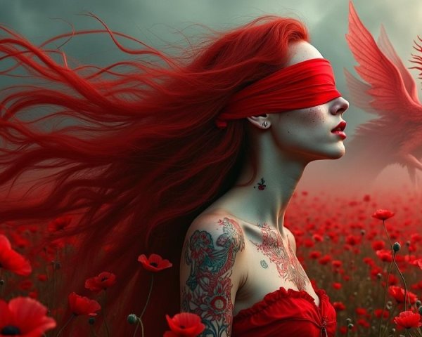 Woman with Red Hair and Tattoos in Poppy Field