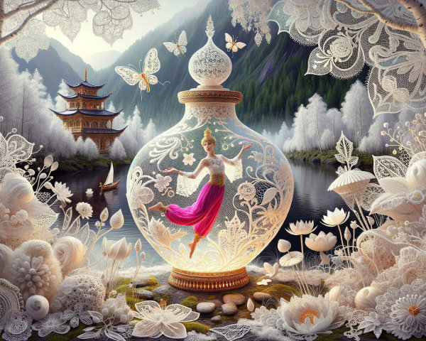Whimsical Dance Scene Under Glass Dome with Nature Elements