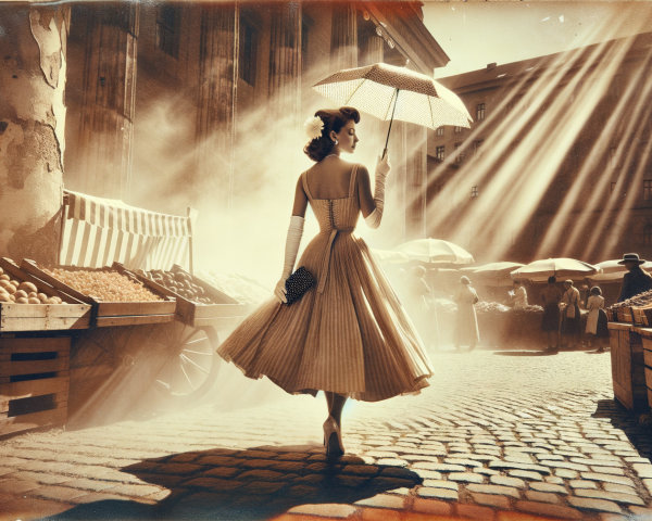 Vintage Dress in Bustling Market with Sunlit Atmosphere