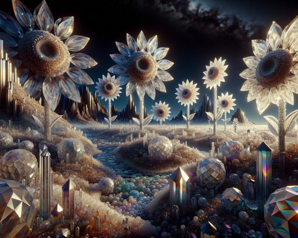 Surreal Landscape with Crystalline Flowers and Gems