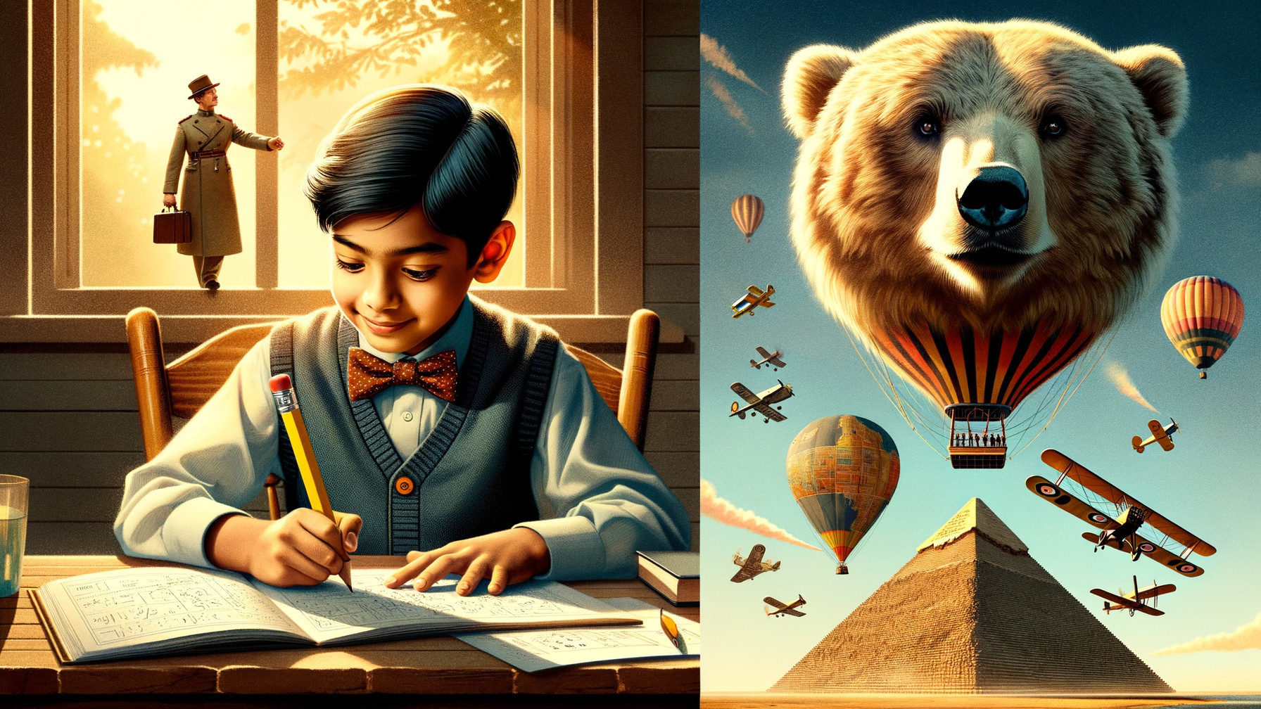 Young boy writing at desk with whimsical bear and balloons