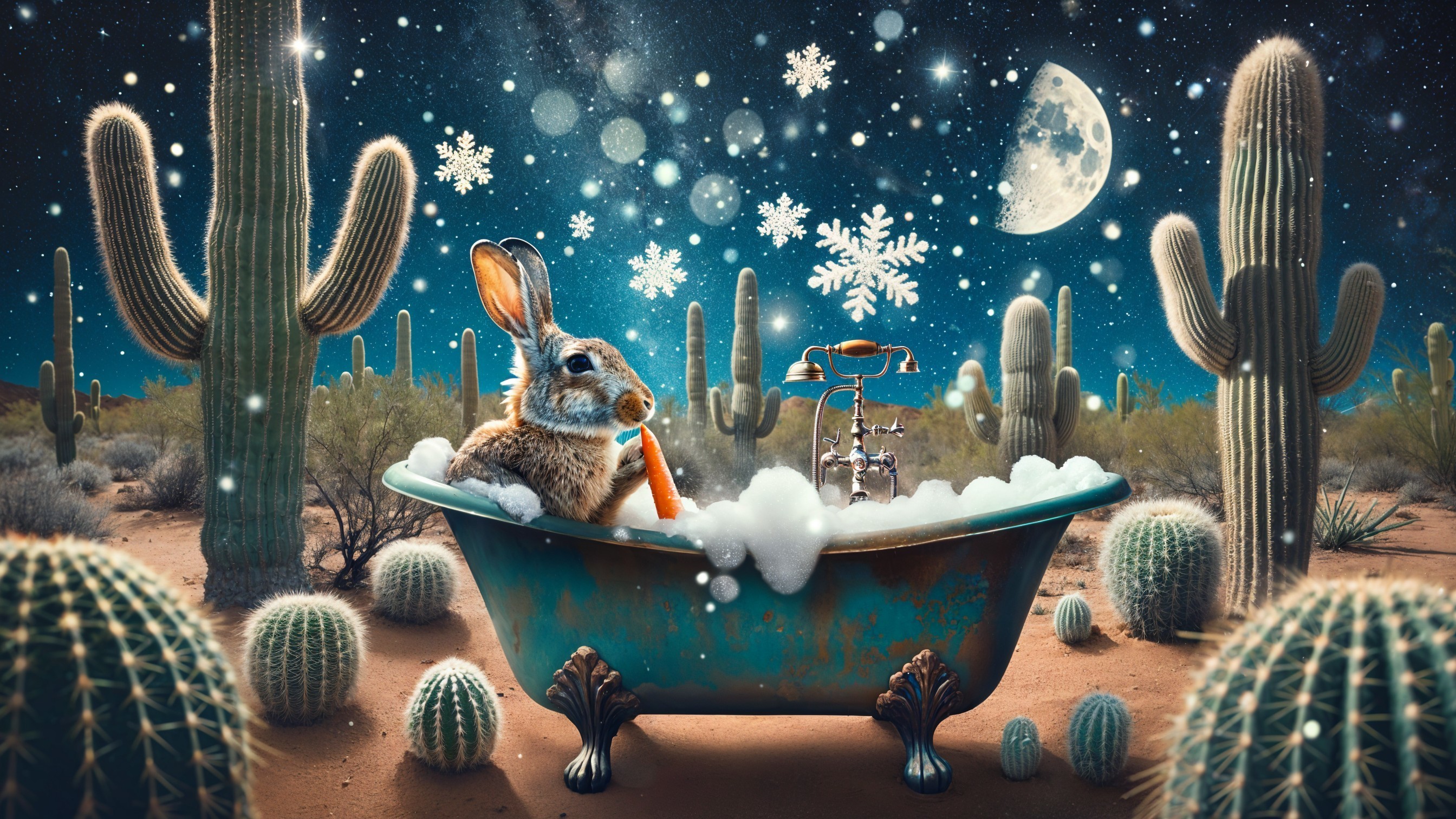 Rabbit in Bathtub Under Moonlit Desert Sky