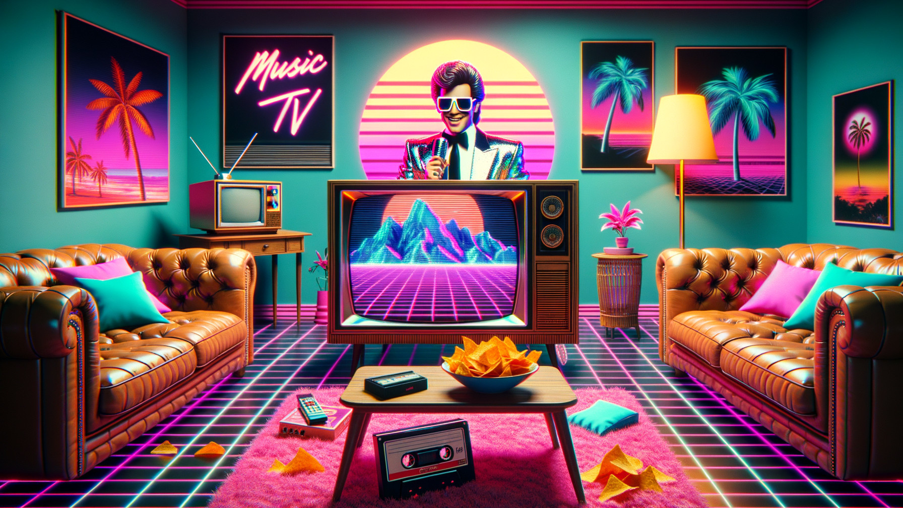 Vibrant Retro Living Room with Neon Aesthetic Elements