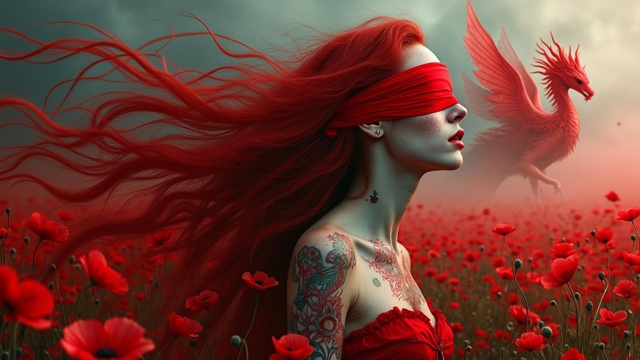 Woman with Red Hair and Tattoos in Poppy Field
