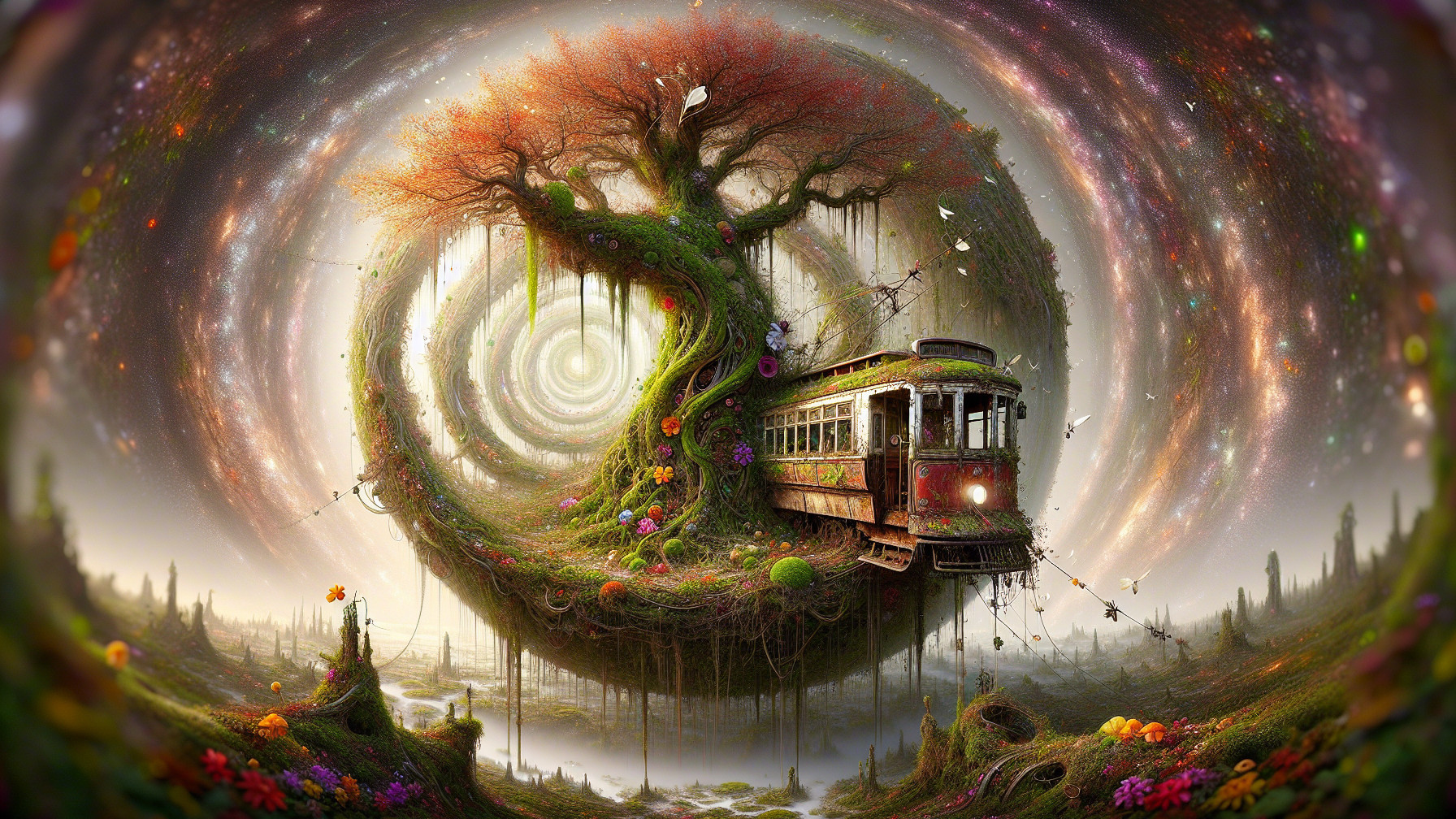 Vintage tram in a cosmic landscape with vibrant tree