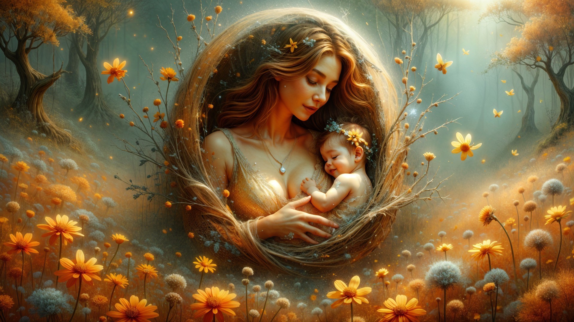 Mother and Baby in a Dreamlike Forest Setting