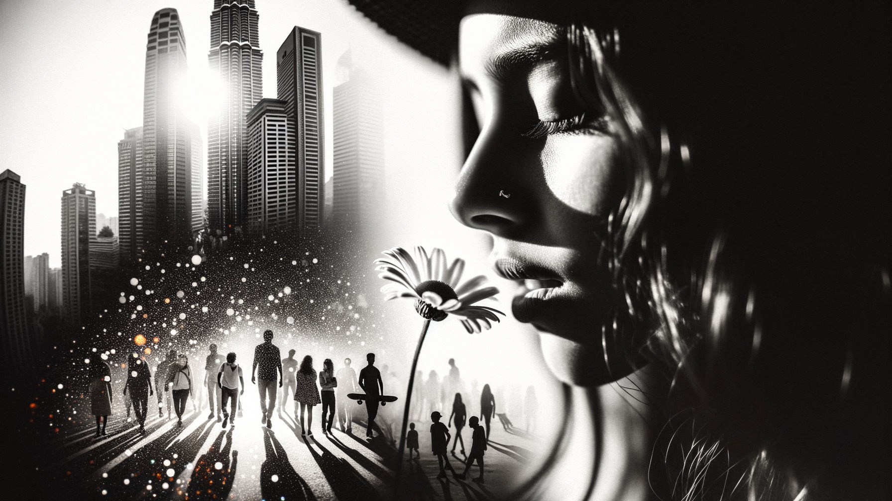 Urban Skyscrapers and Thoughtful Woman's Profile