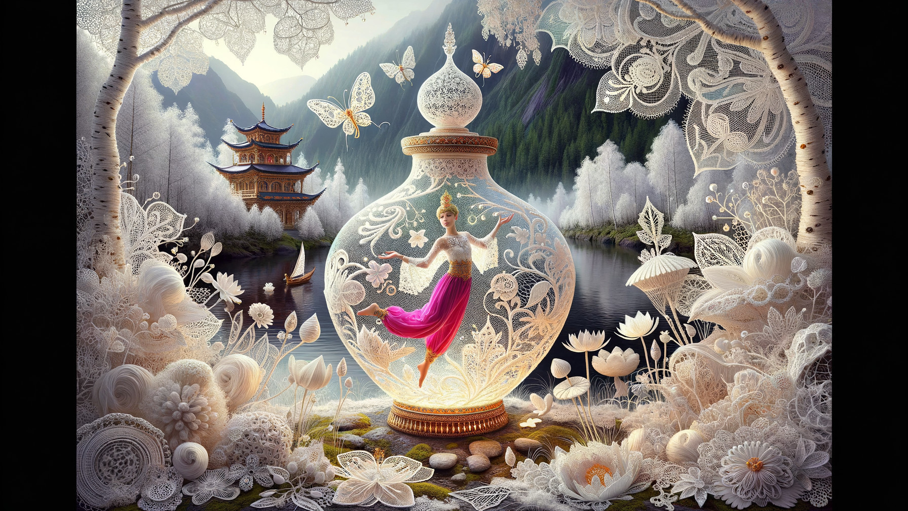 Whimsical Dance Scene Under Glass Dome with Nature Elements