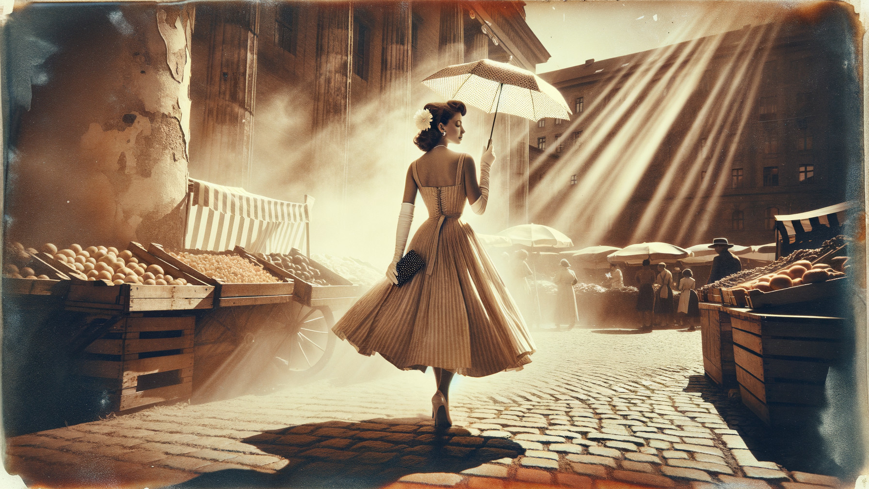 Vintage Dress in Bustling Market with Sunlit Atmosphere